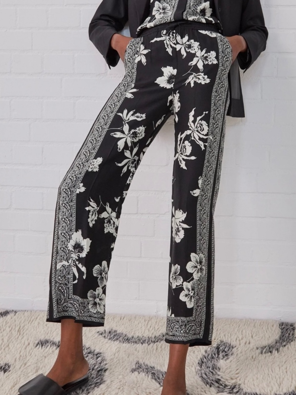 The Kooples Floral Trousers Black/White Elasticated Waistband Sz 40